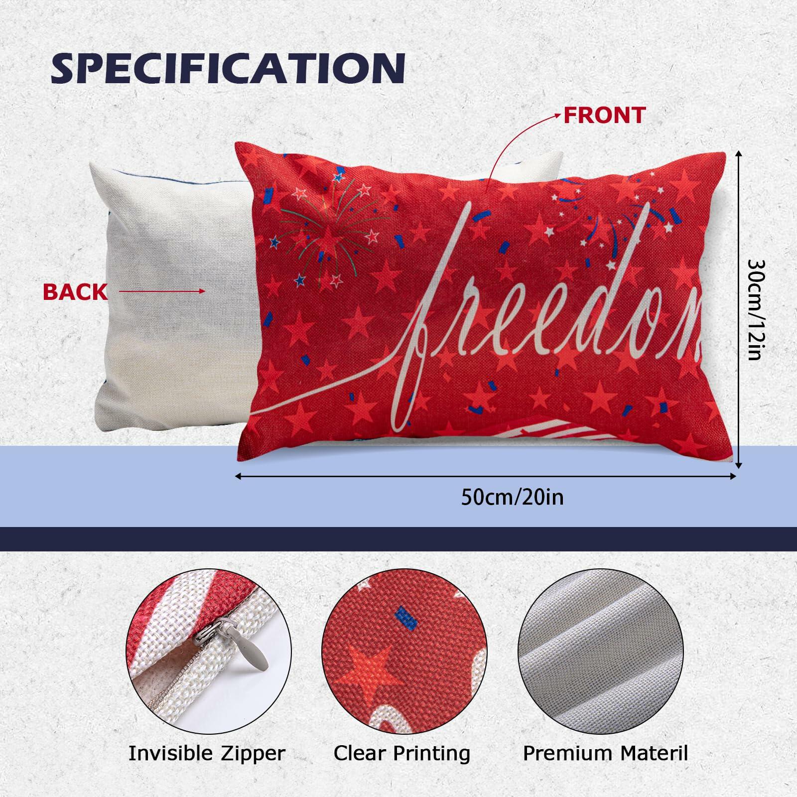 Freedom Patriotic 4th of July USA Pillow Cover 20x12 Inch