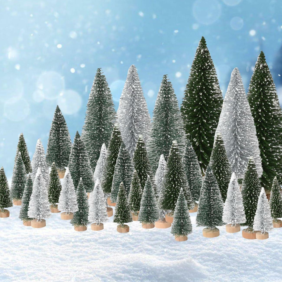36PCS Bottle Brush Christmas Trees Multi-Size Table Decor with Wood Base
