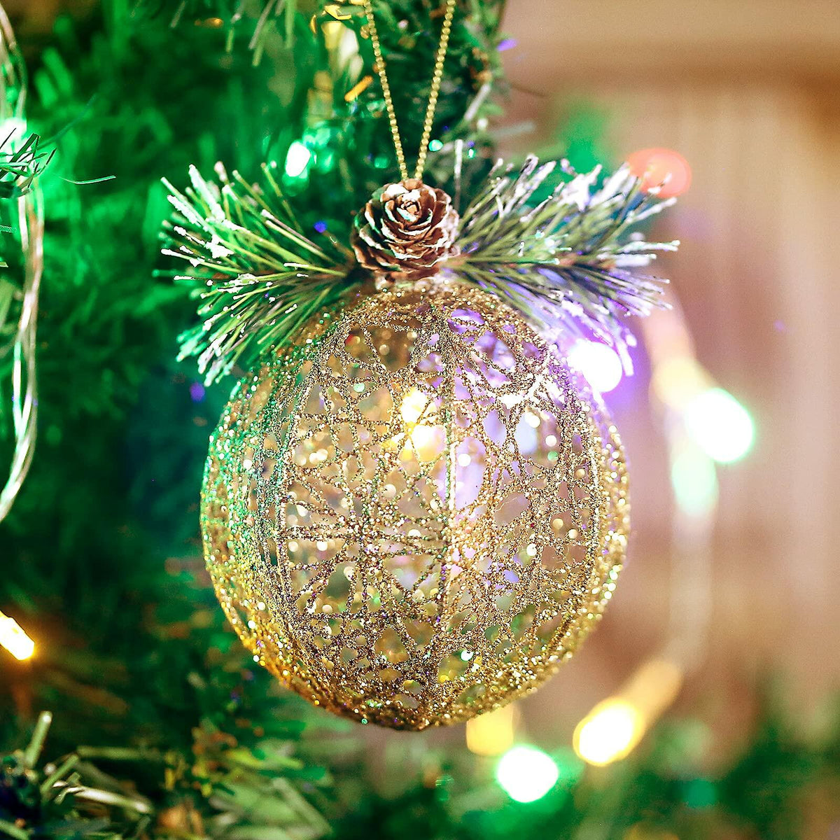 Christmas Ball Ornaments 4pc Set Champagne Pinecone Rattan String Decor