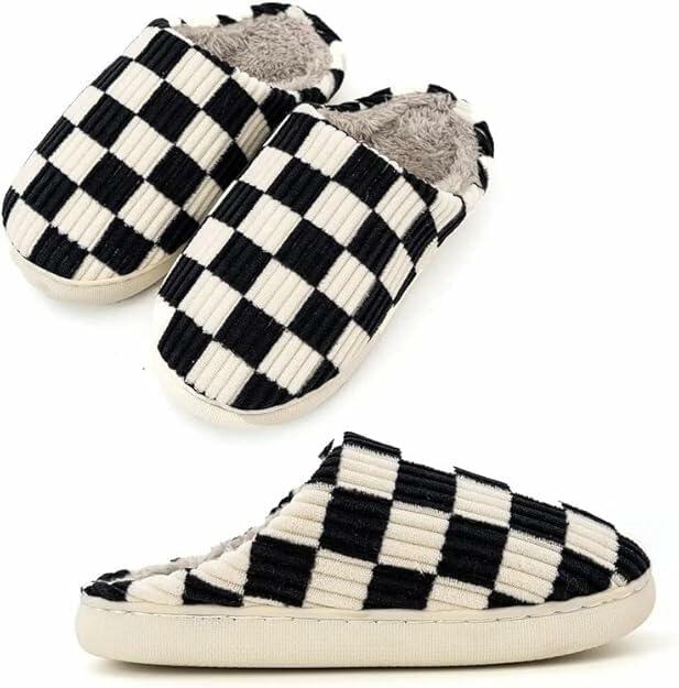 kissxiaoya Unisex Plaid Memory Foam House Slippers Black Size 6.5-7