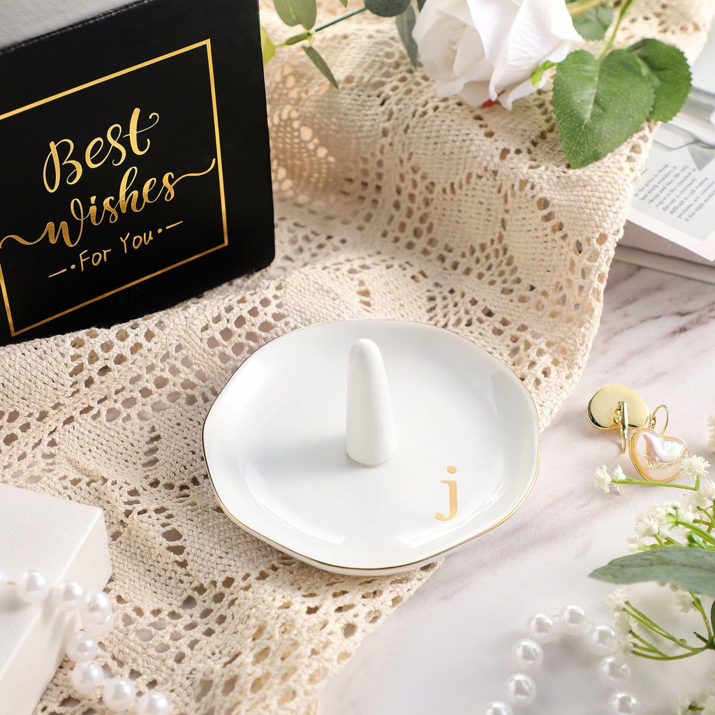 Beeveer Ceramic A-Z Initials Ring Holder Jewelry Tray 4.5x2.4'' White