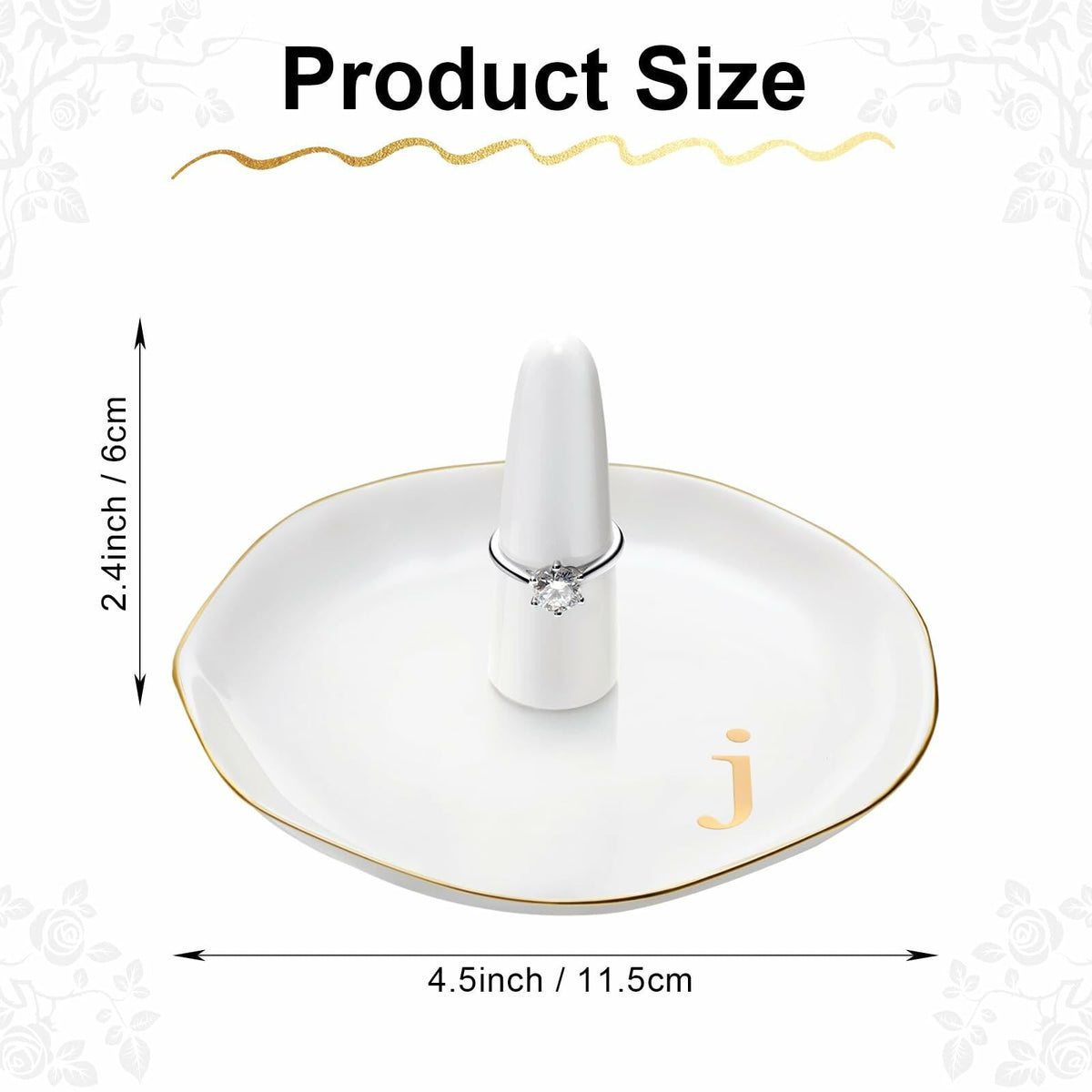 Beeveer Ceramic A-Z Initials Ring Holder Jewelry Tray 4.5x2.4'' White