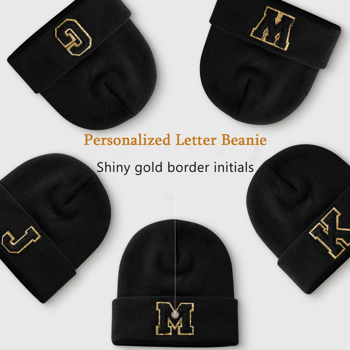 Lightbird Initials Beanie Winter Hat Black for Women Teens
