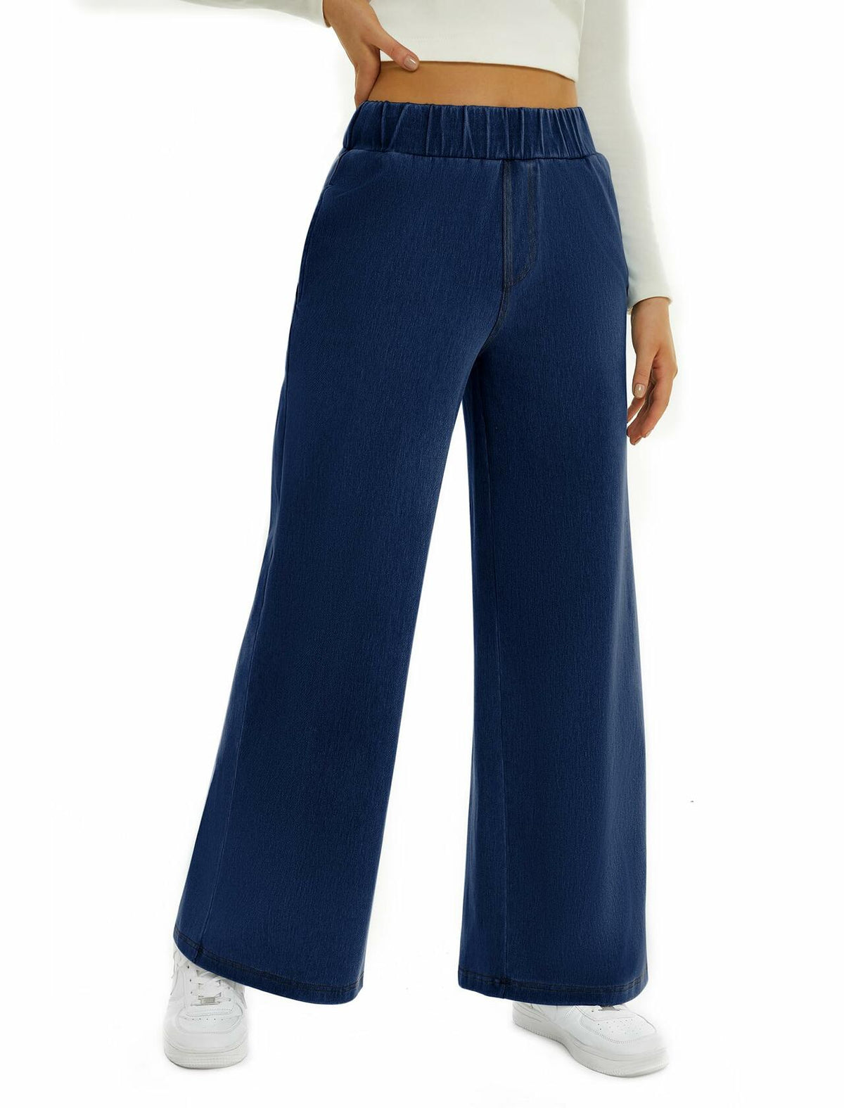 FireSwan Women's Wide Leg Jeans Mid Rise Elastic Waist Dark Wash