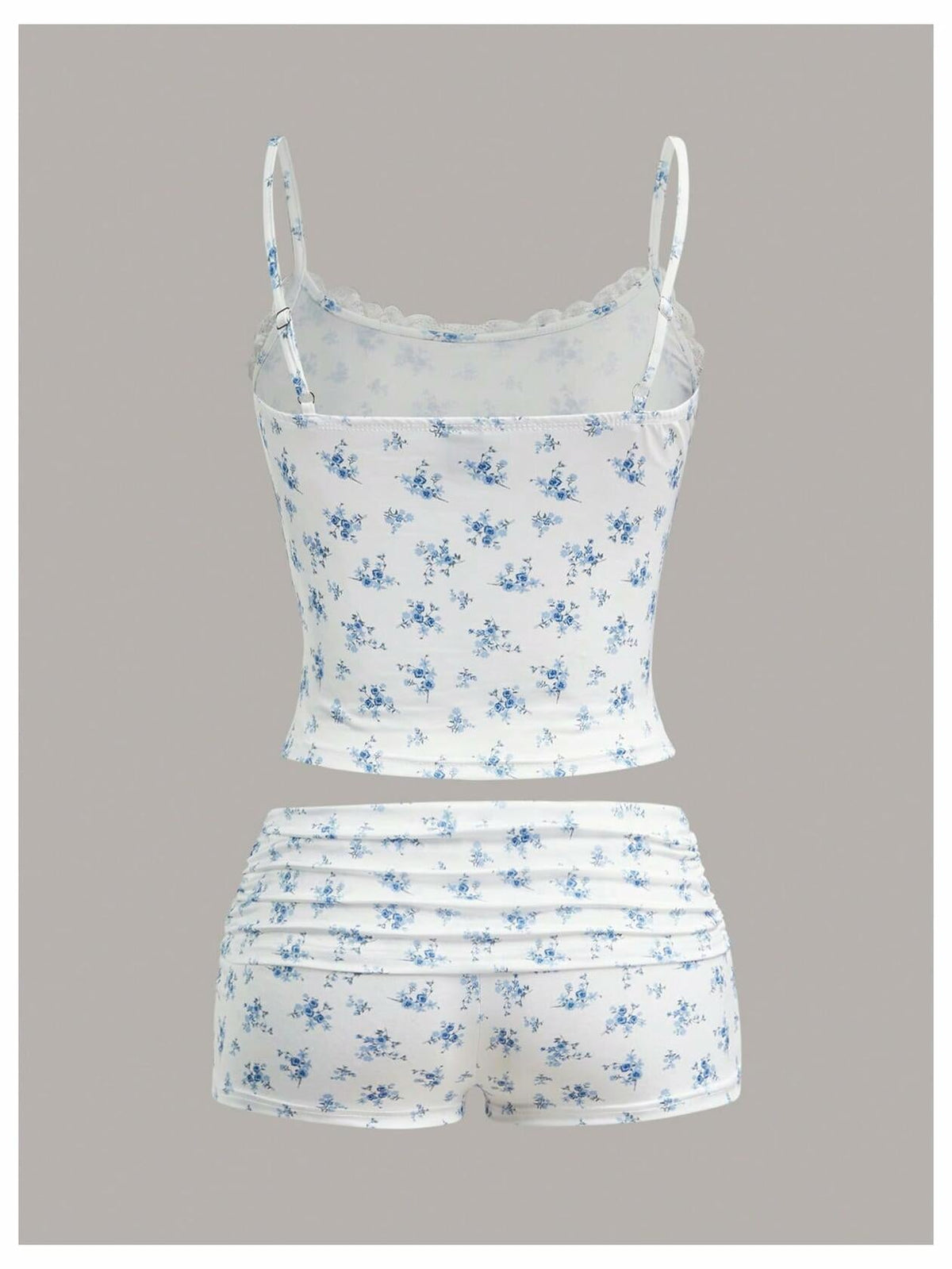 RoseSeek Women's Floral Print Ruched Lace Cami Crop Top & Shorts Set White Size