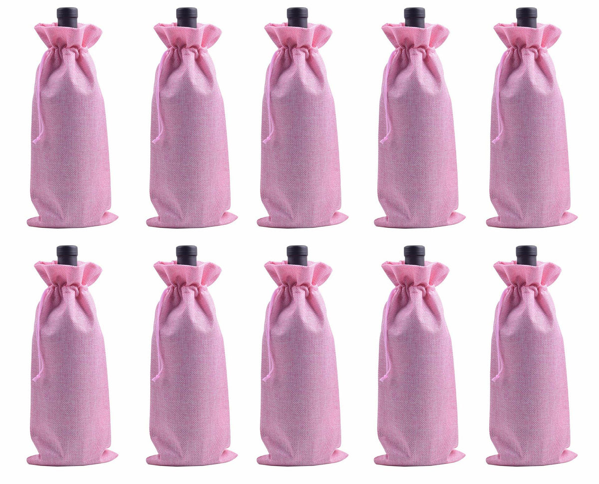 Viamto 10pcs Pink Burlap Wine Bags Drawstring Lining 15x35cm Gift Pouches