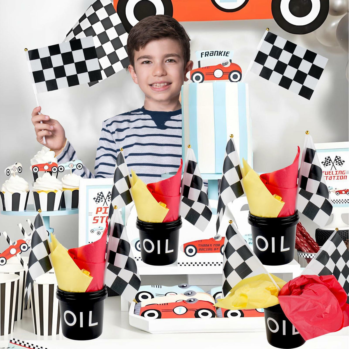 [Like New] HFYZZ Racing Table Centerpieces Set of 8 with Flags Buckets Stickers