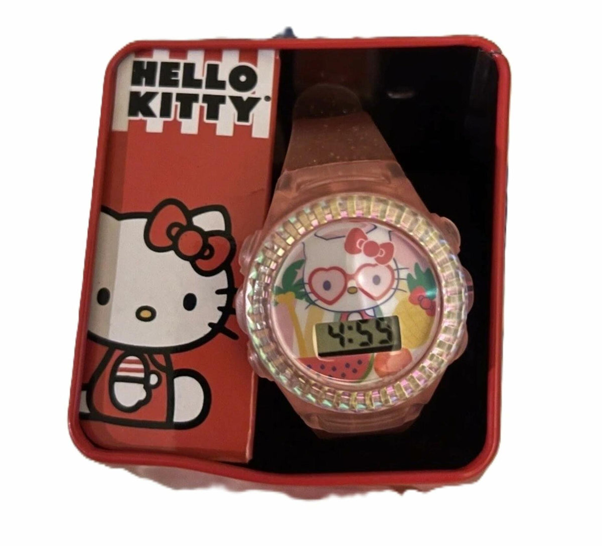 Sanrio Hello Kitty Kids LCD Watch Pink Glitter Strap Iridescent Bezel