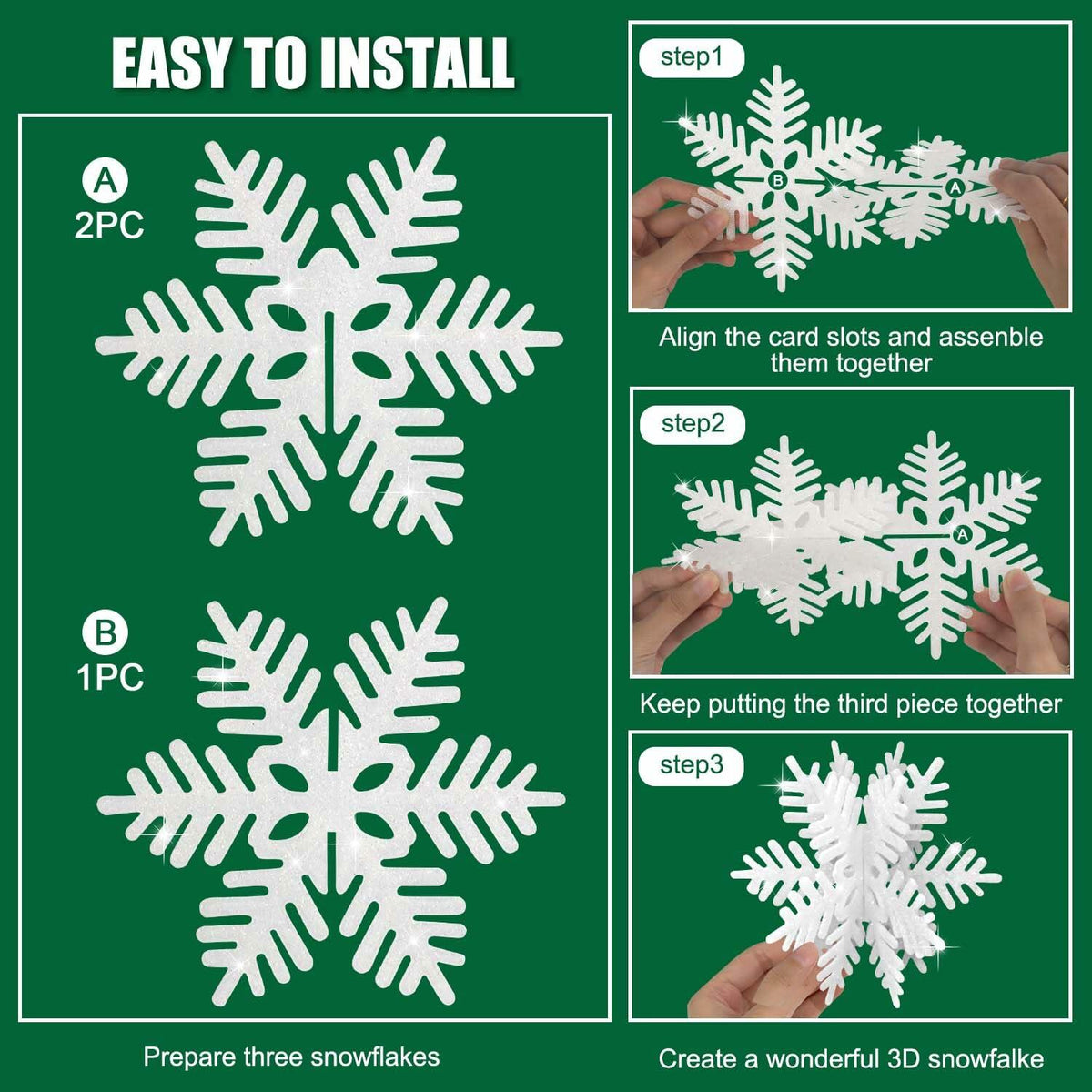 8 PCS 3D Glitter Snowflake Decorations White Christmas Tabletop Decor