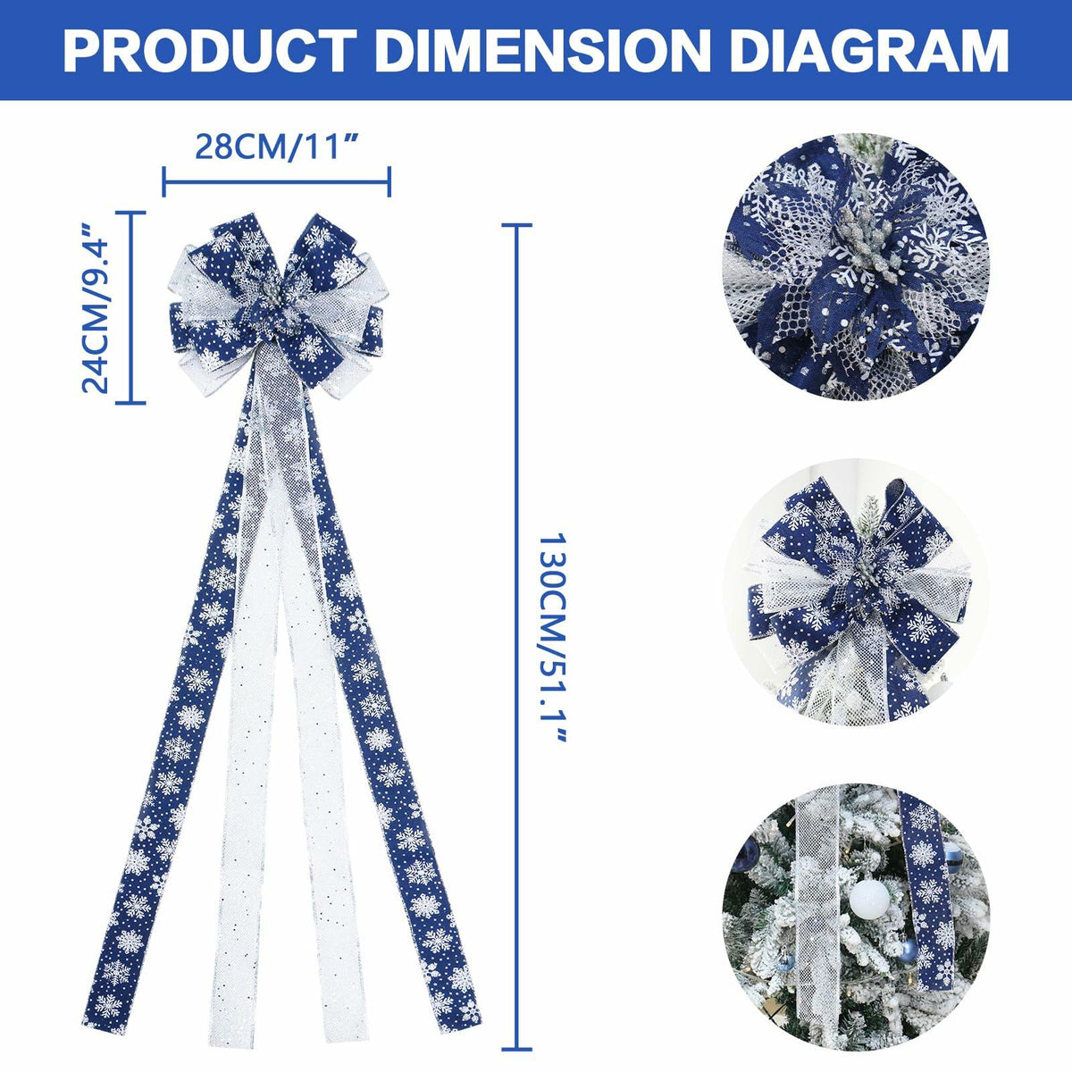 YINGQIWISH Christmas Tree Topper Large Bow Deep Blue White Indoor Outdoor