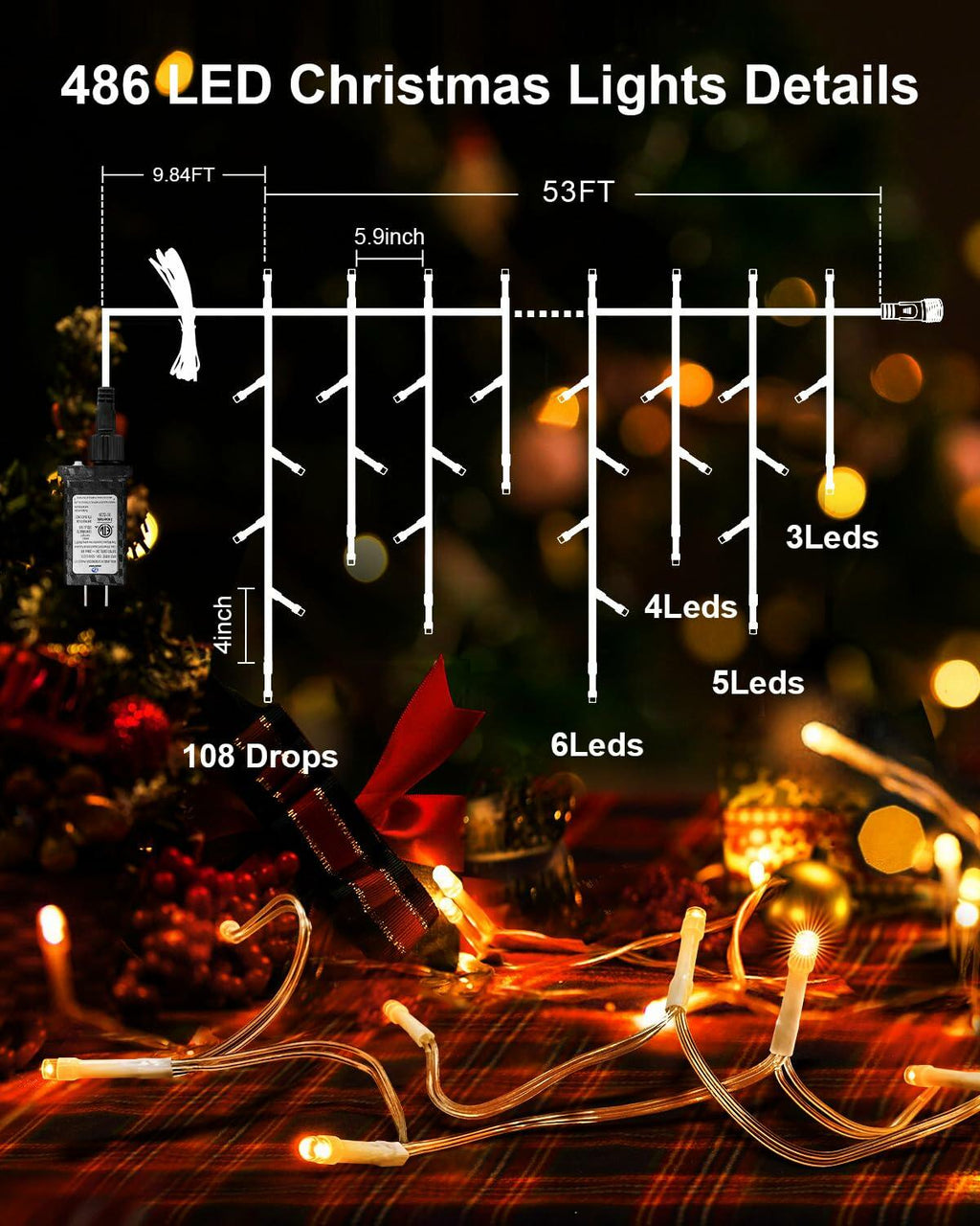 JIXXULVU 2 Pack 53FT 486 LED Outdoor Waterproof Timer Warm White