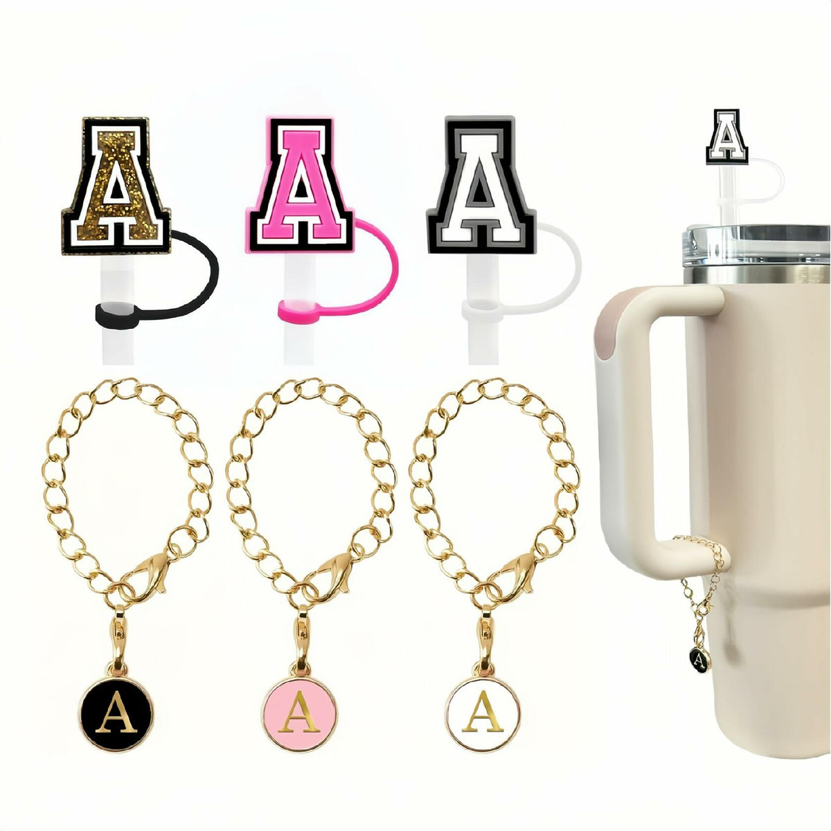 IN Chenthy 3pcs Letter Straw Covers + 3pcs Initial Charms for Stanley 30/40oz