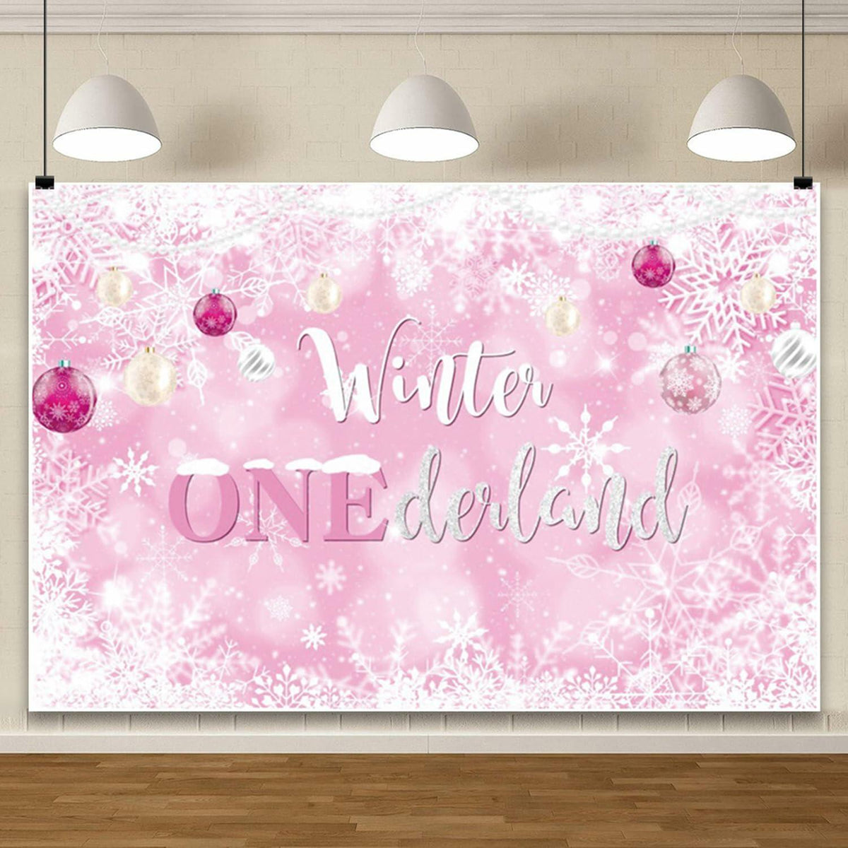 Winter Onederland First Birthday Banner Snowflake Backdrop 70.9x43.3 Pink
