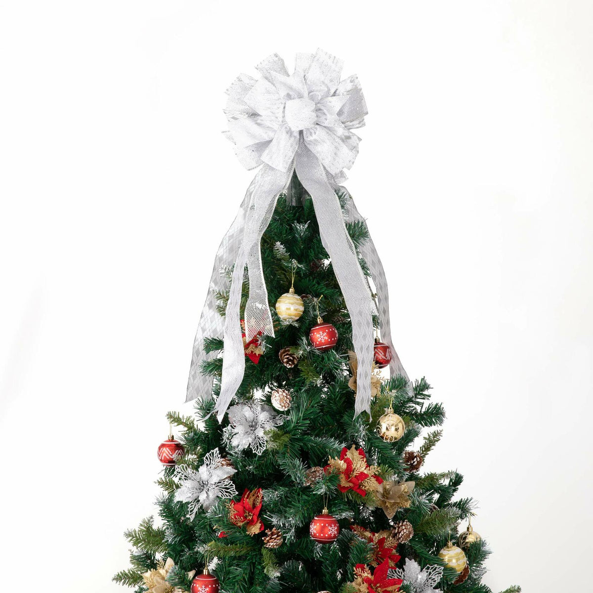 Handmade Christmas Tree Bow Topper Large Silver 27x12 Inches