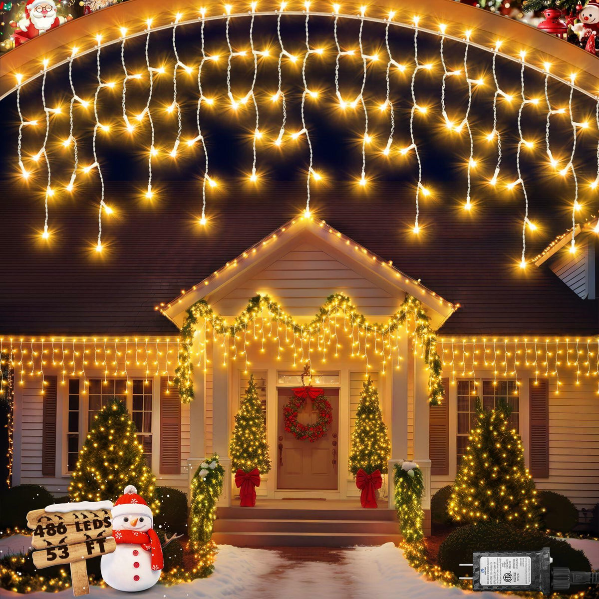 [Like New] JIXXULVU 2 Pack 53FT 486 LED Outdoor Waterproof Timer 8 Modes Warm White