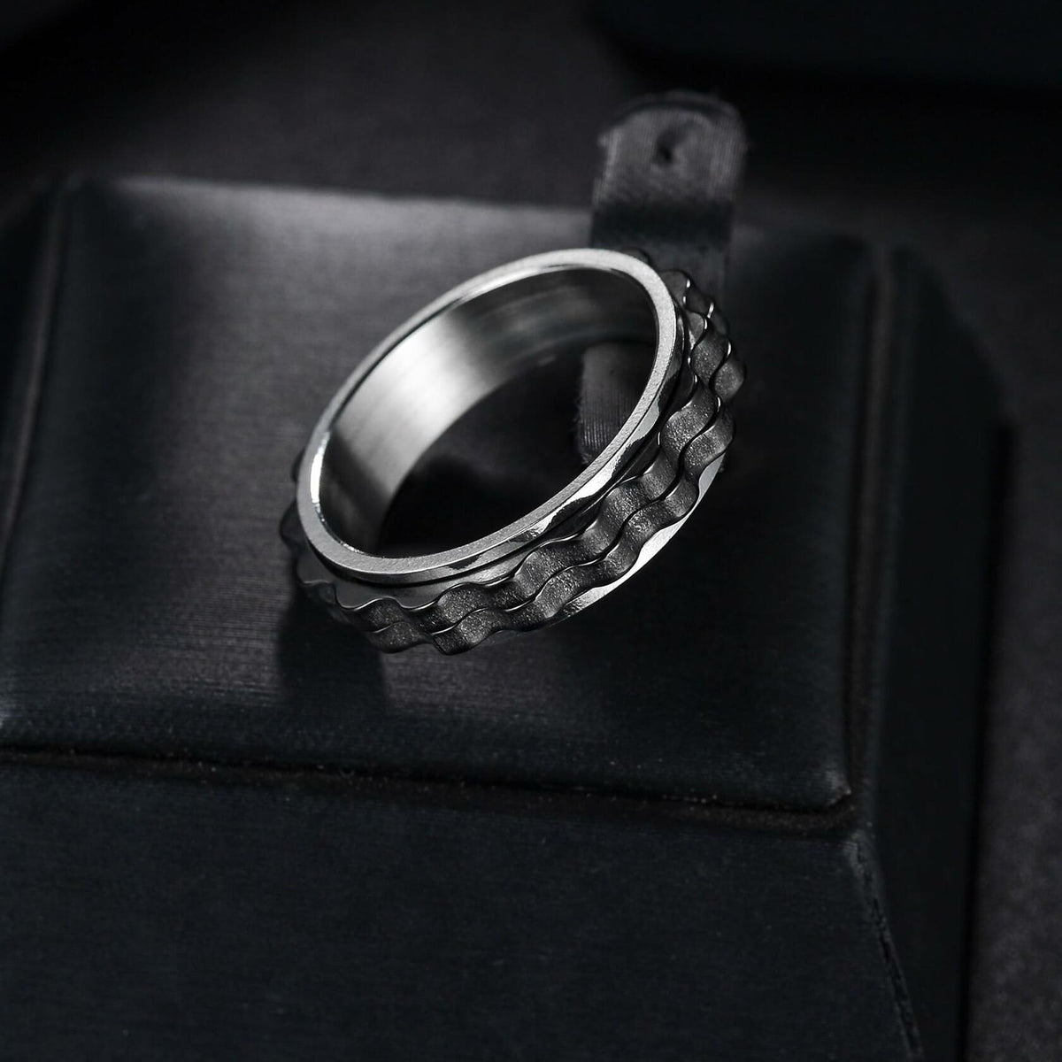 Udolfly Titanium Steel Womens Fidget Spinner Ring Silver Black Size 8