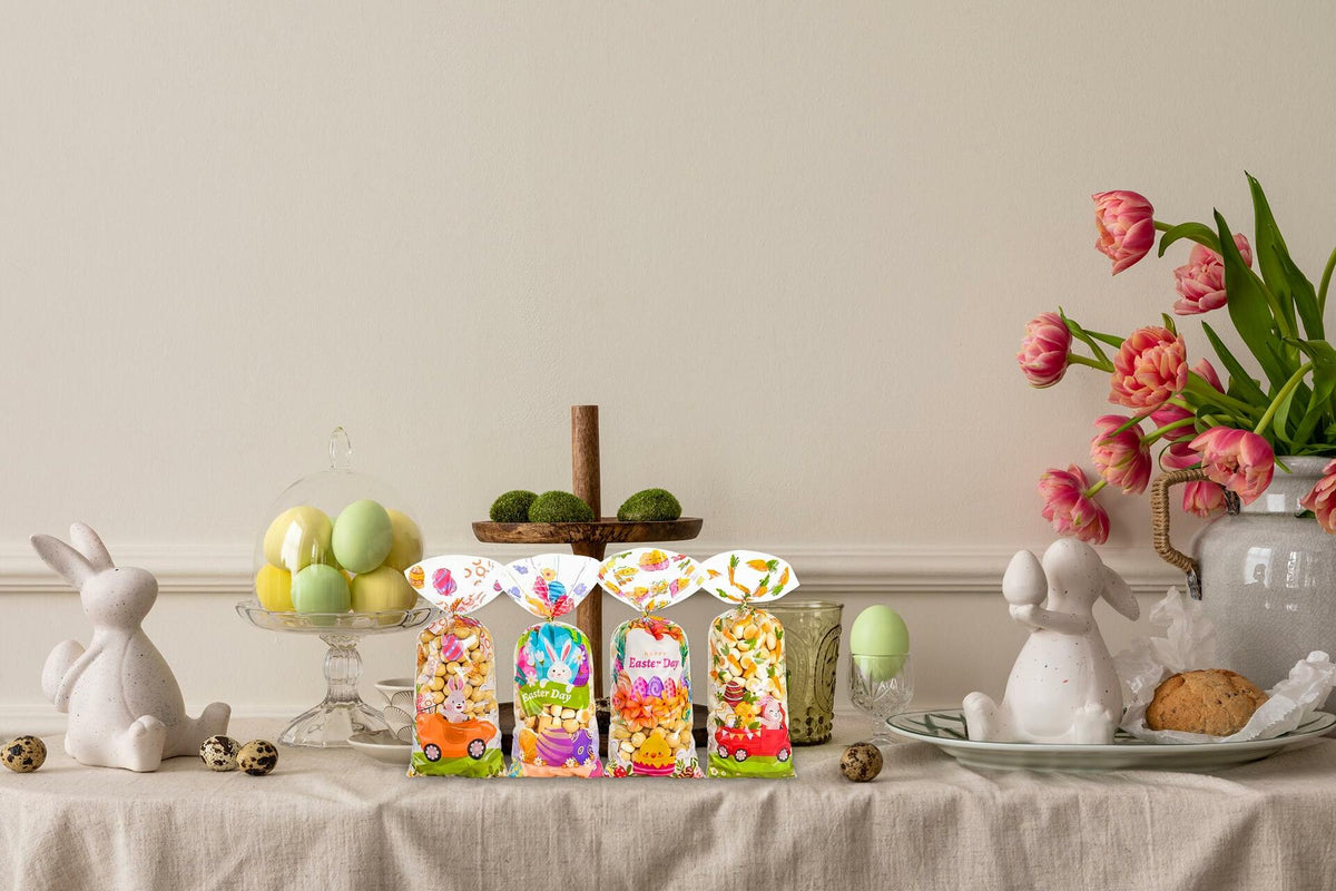 ABTOLS 100PCS Easter Cellophane Treat Bags Colorful Plastic Bunny 7x10in