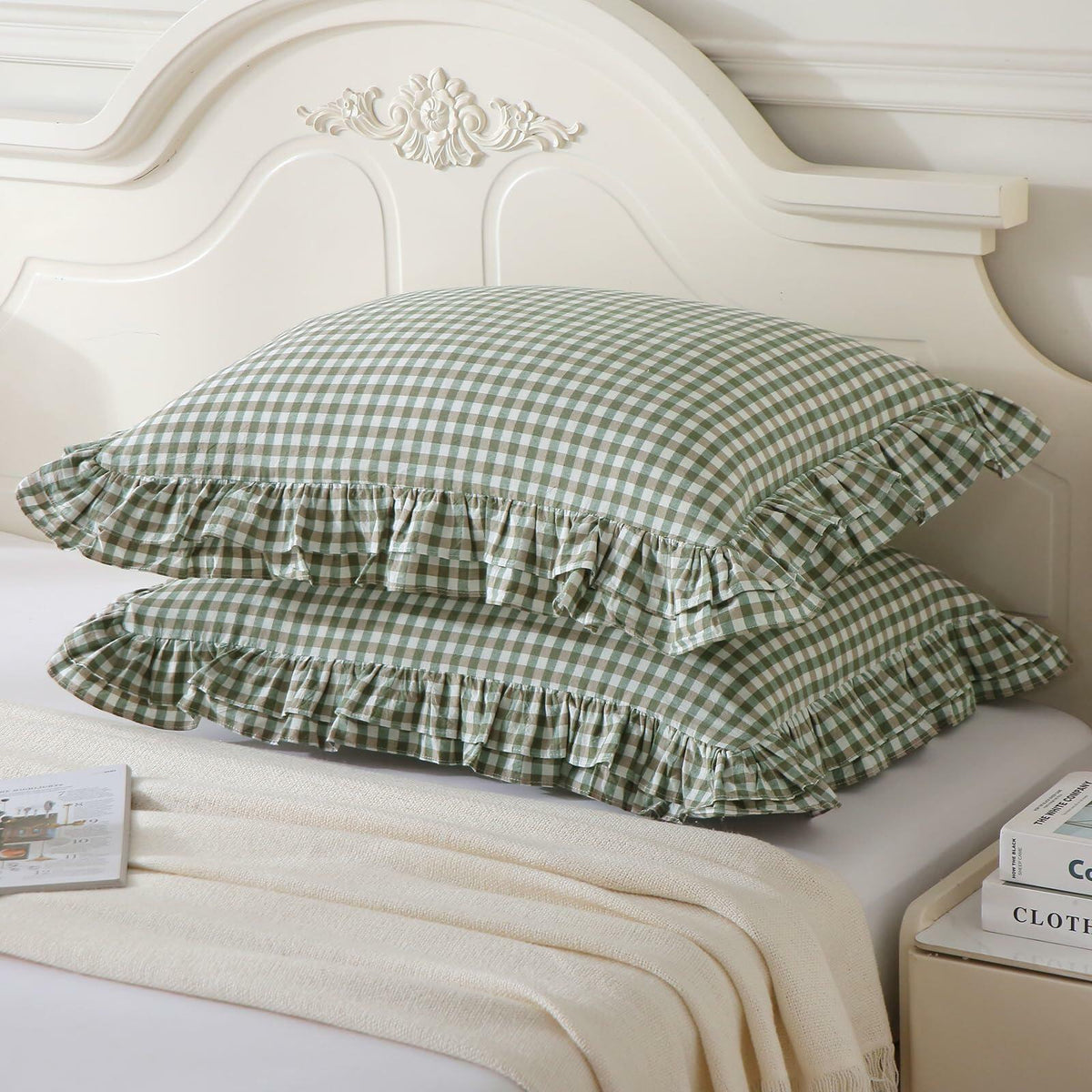 Aryeleay 2 Pack Sage Green White Plaid Ruffle Pillow Shams Cotton 20x20