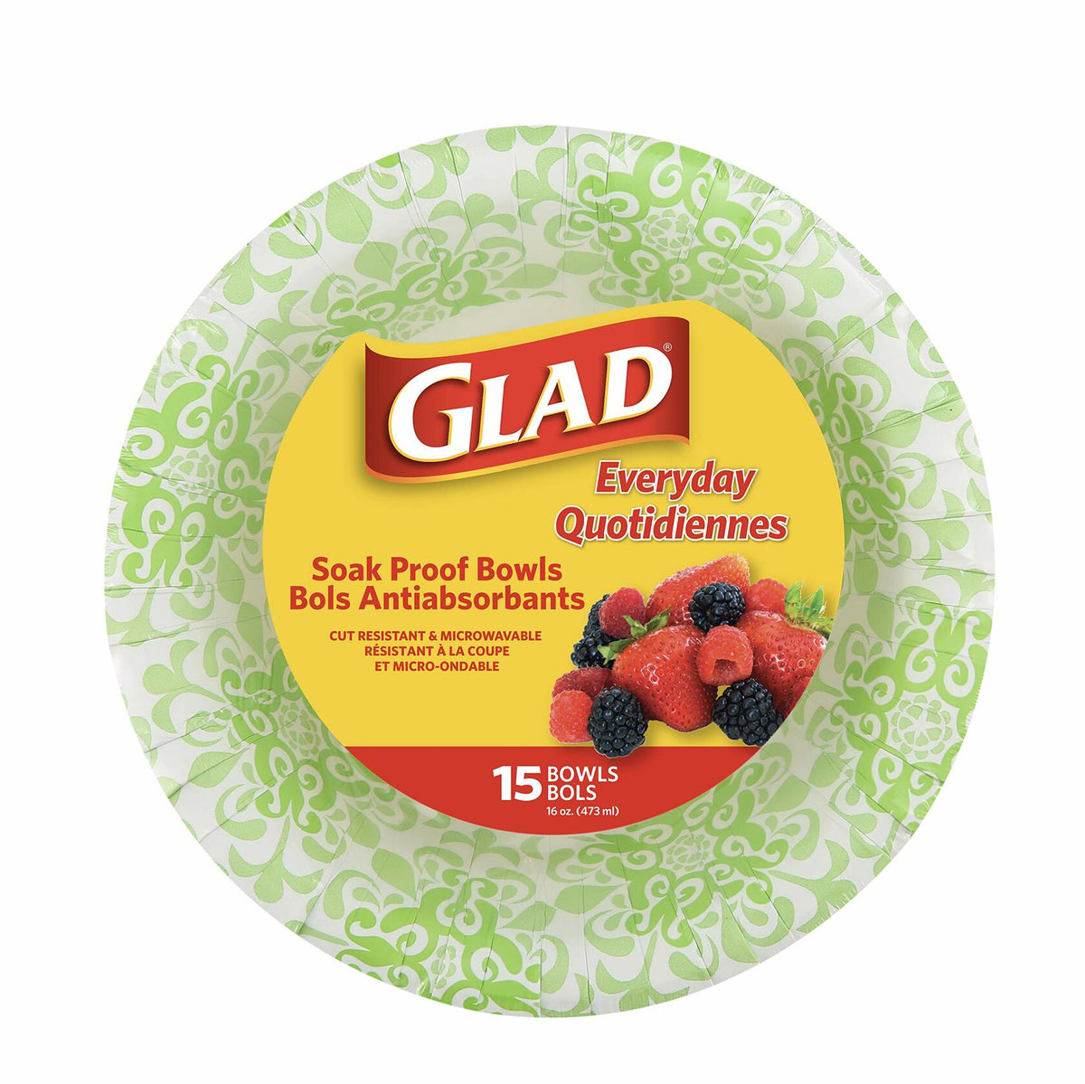 Glad Round Disposable Paper Bowls Green Victorian Design 16oz 15ct 6 Pack