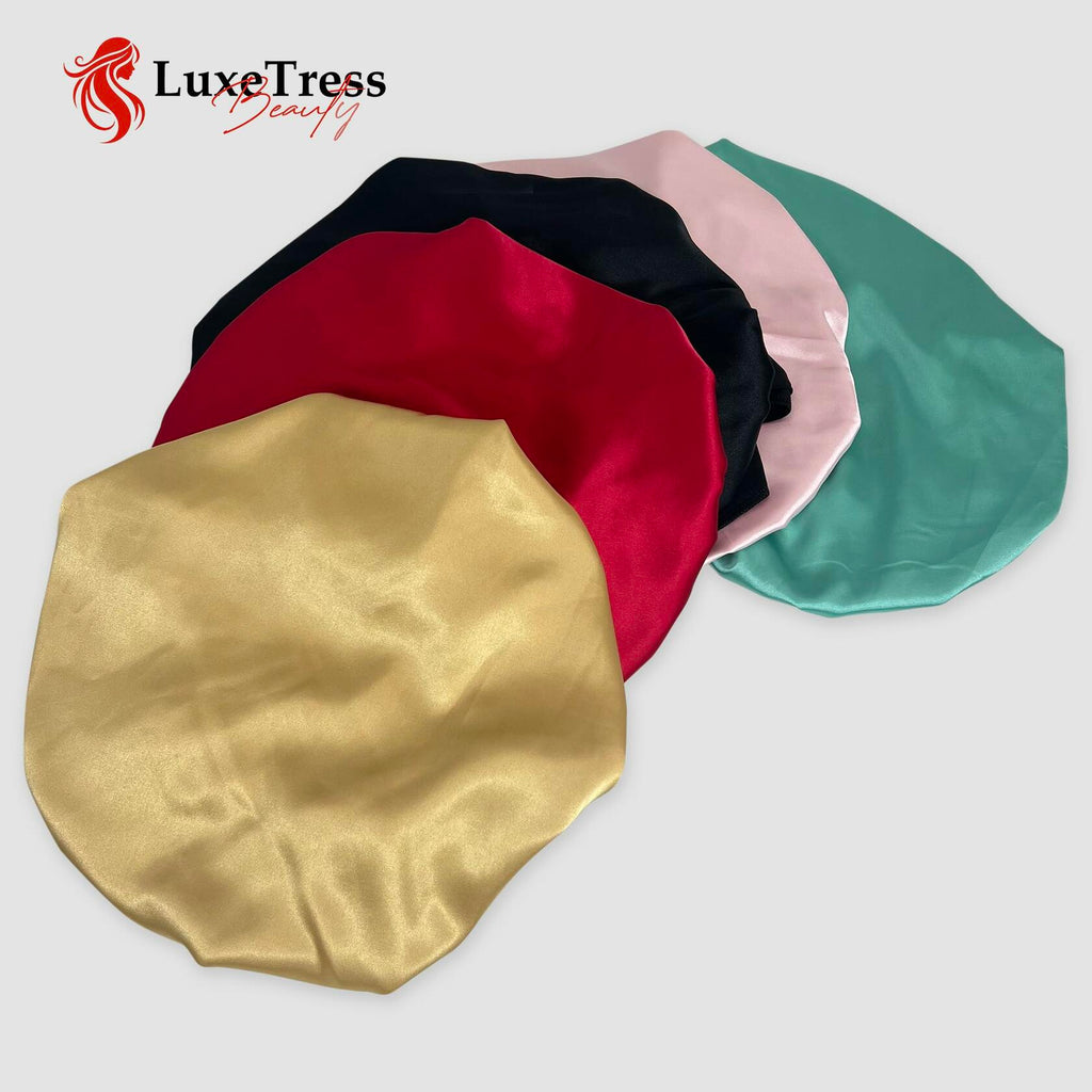 LuxeTress Black Satin Hair Bonnet Double-Layered Adjustable Black