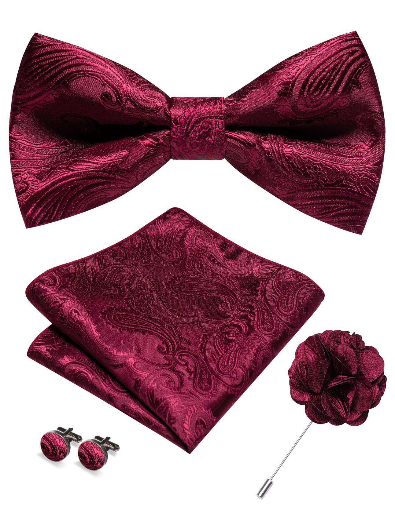 RBOCOTT Purple Paisley Bow Tie Pocket Square Lapel Pin Cufflinks Set