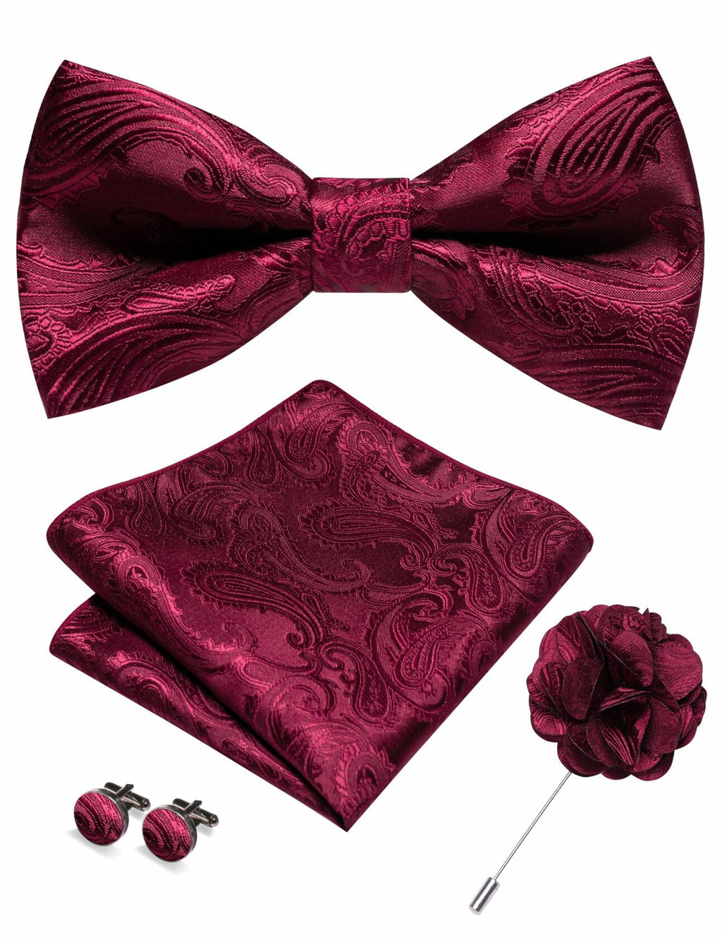 RBOCOTT Red Paisley Bow Tie Pocket Square Lapel Pin Cufflinks Set for Men