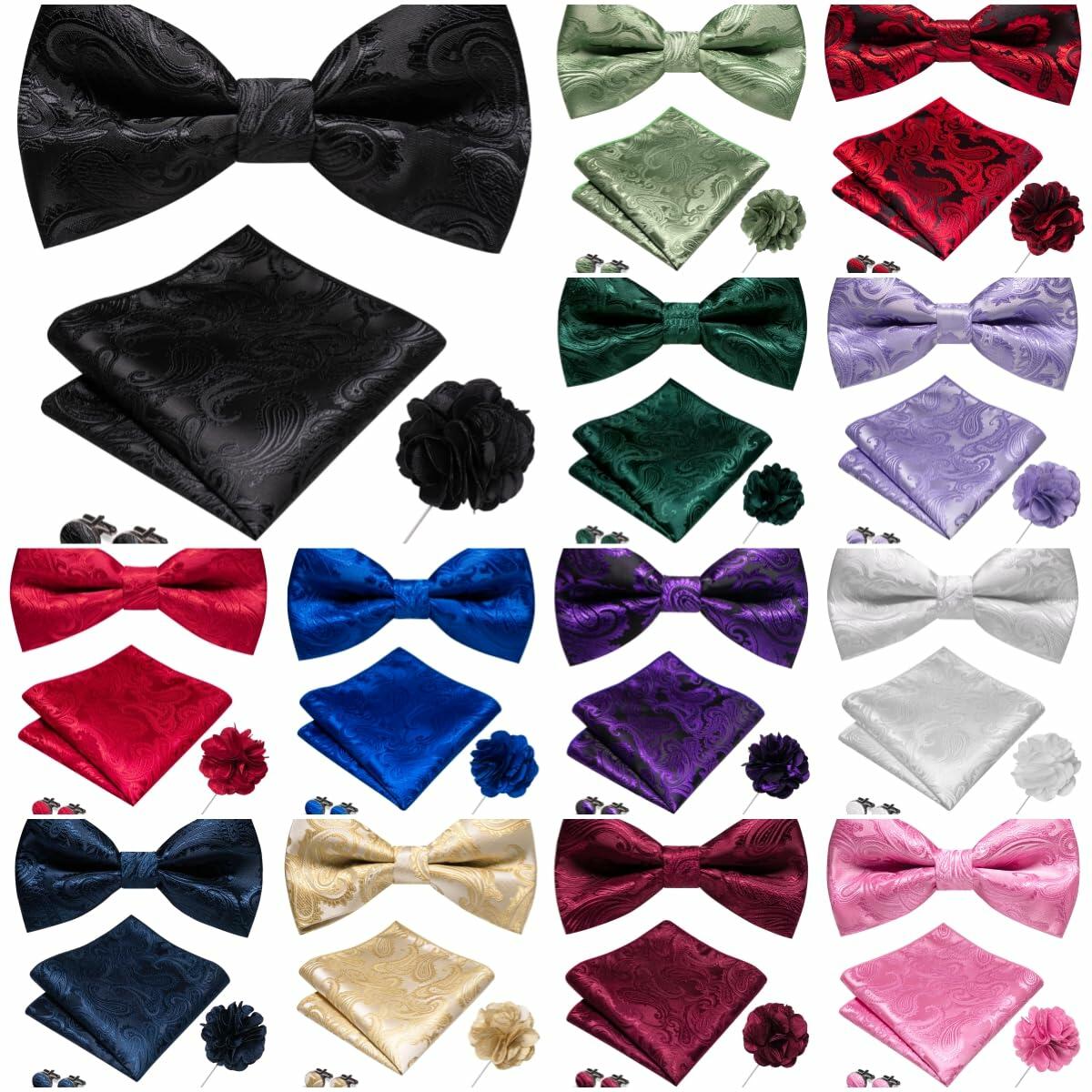 RBOCOTT Men’s Paisley Bow Tie Pocket Square Lapel Pin Cufflinks Set Green