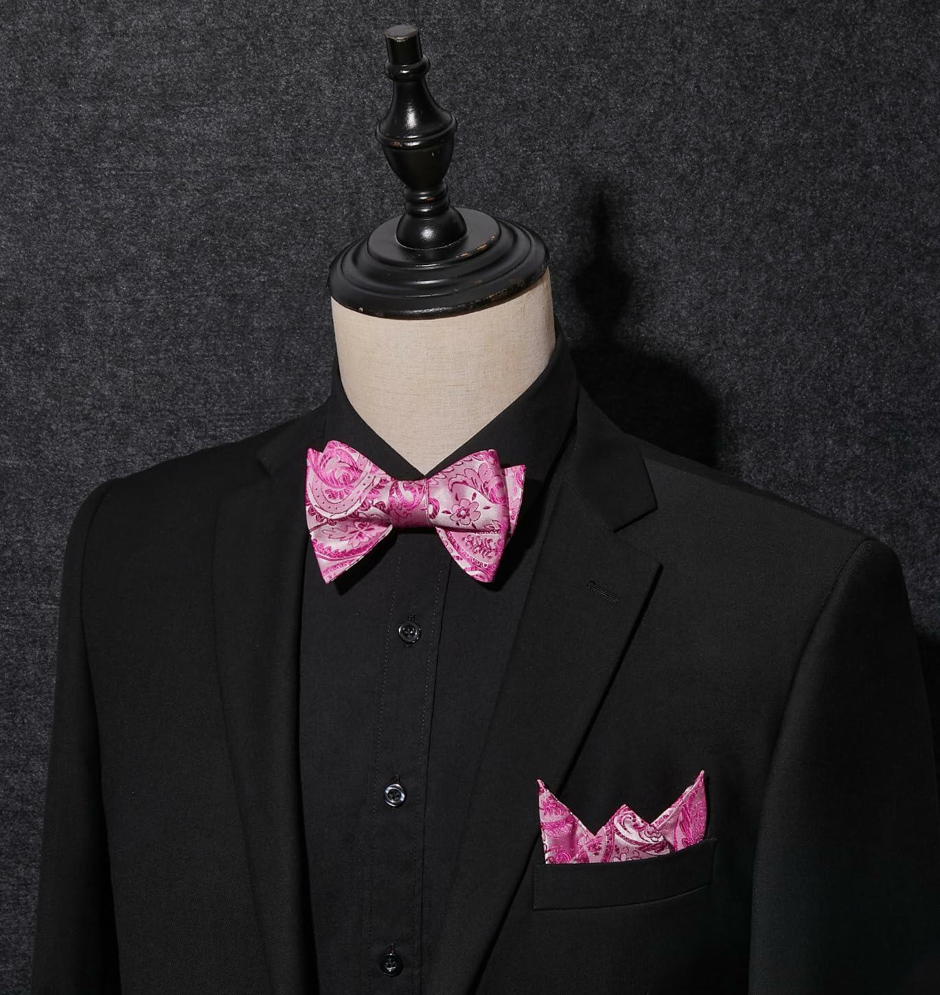 HISDERN Pink Floral Paisley Polyester Bow Tie & Pocket Square Set Size One Size