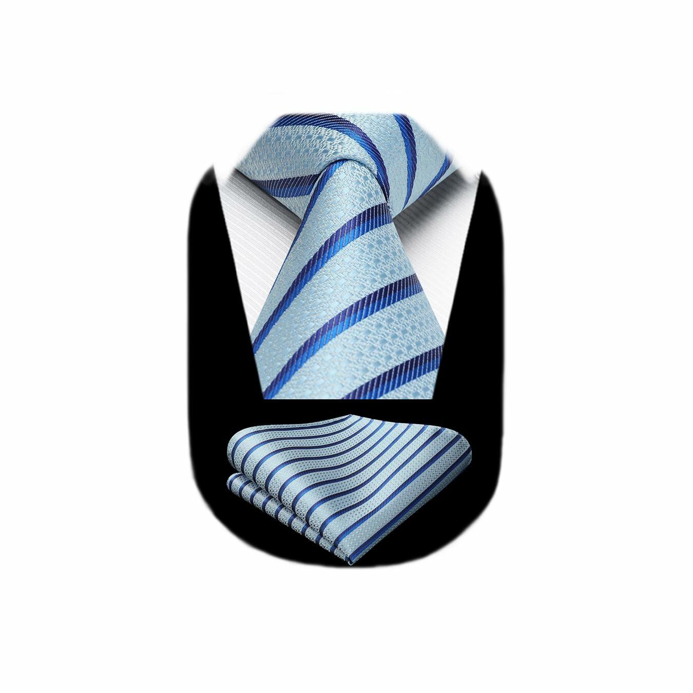 [Like New] HISDERN Men's Silk Striped Necktie & Handkerchief Set Light Green Size 8.5cm