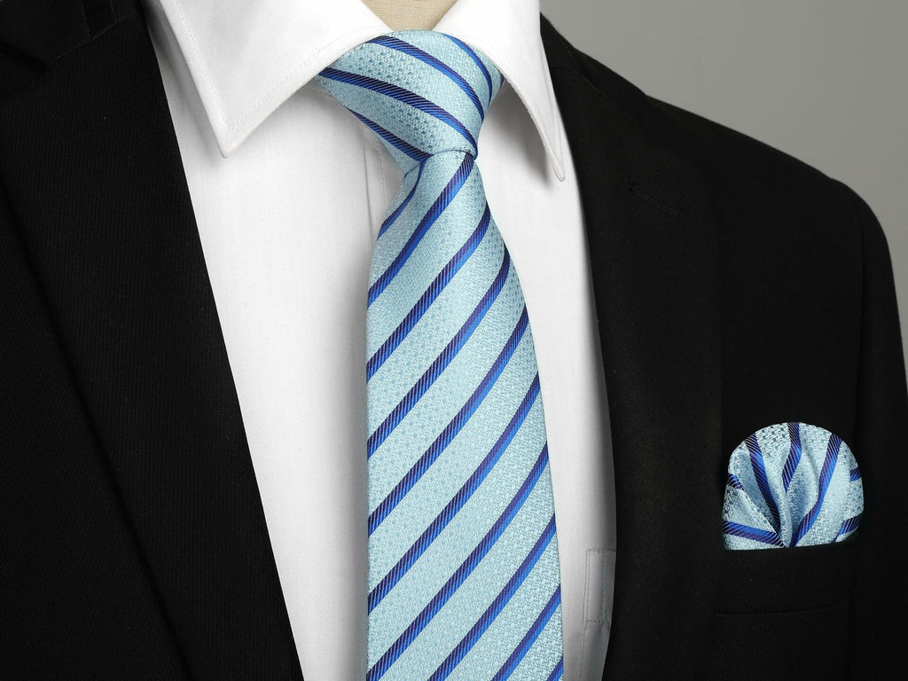 [Like New] HISDERN Men's Silk Striped Necktie & Handkerchief Set Light Green Size 8.5cm