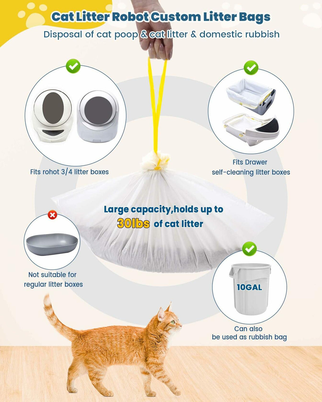 KONE Cat Litter Bags Robot 3/4 Drawstring 2 mil Thick 57 Count 5-9 Gal
