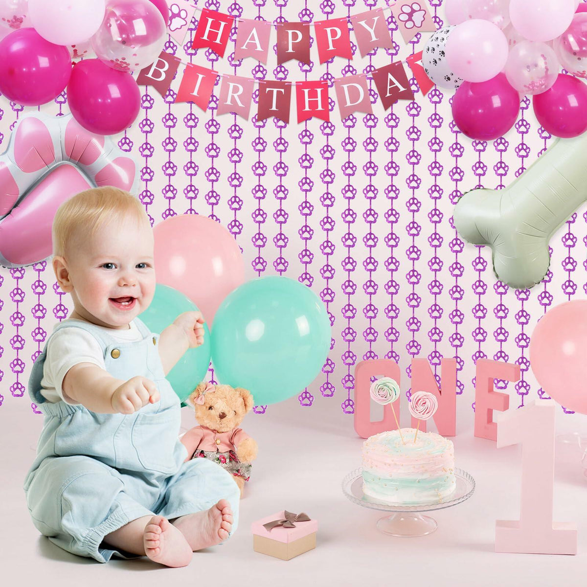 RANERVZ Pink Dog Paw Birthday Decorations Foil Curtain 3.3x6.6ft