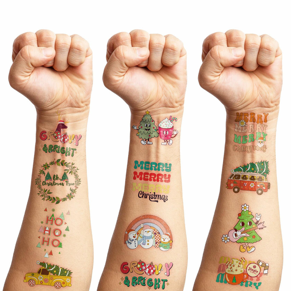 MeoIsDaBest 100 PCS Groovy Christmas Temporary Tattoos Retro Boho Multicolor