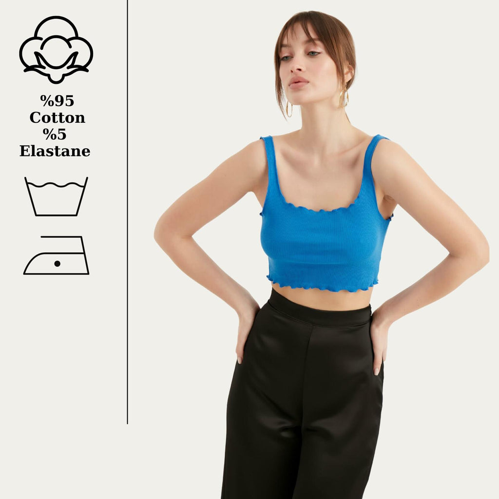 TUBANUR Women's Blue Cotton Sleeveless Crop Top Basic Fitted Tank Size S