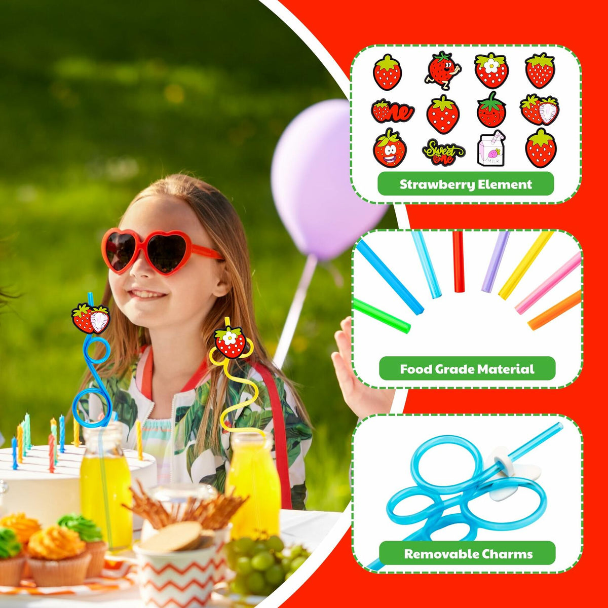 SODWINCO 24 PCS Strawberry Drinking Crazy Straws Kids Party Supplies Red