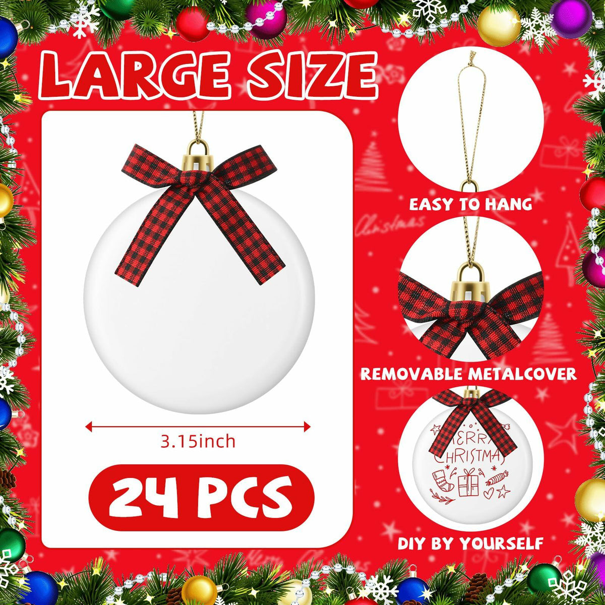 PullCrease 30pcs Blank Matte White Buffalo Plaid Christmas Ornaments Gold Rope