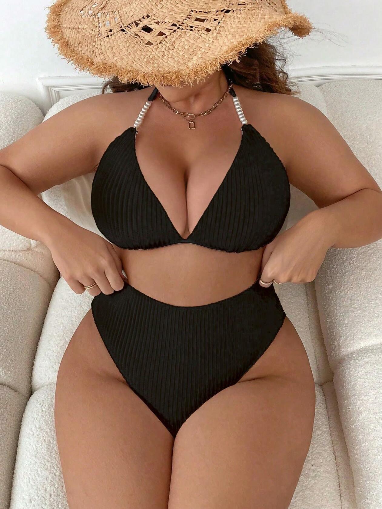 MakeMeChic Women's Plus Size 2PC Halter Triangle Bikini High Waist Black Size L