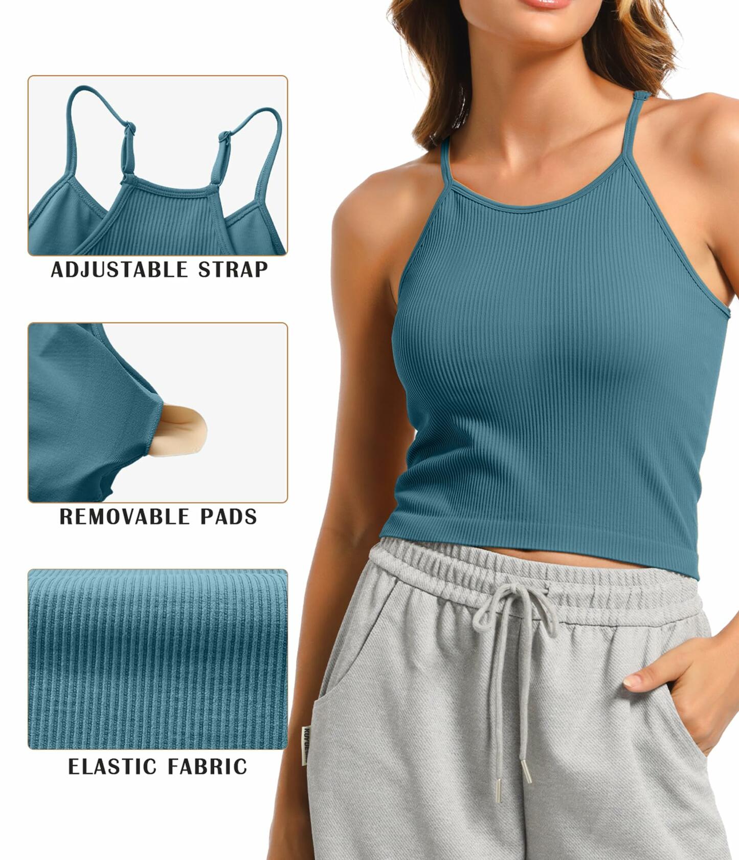 OVESPORT 2Pack Workout Tank Tops Women Built-in Bra Seamless Blue+White Size XL