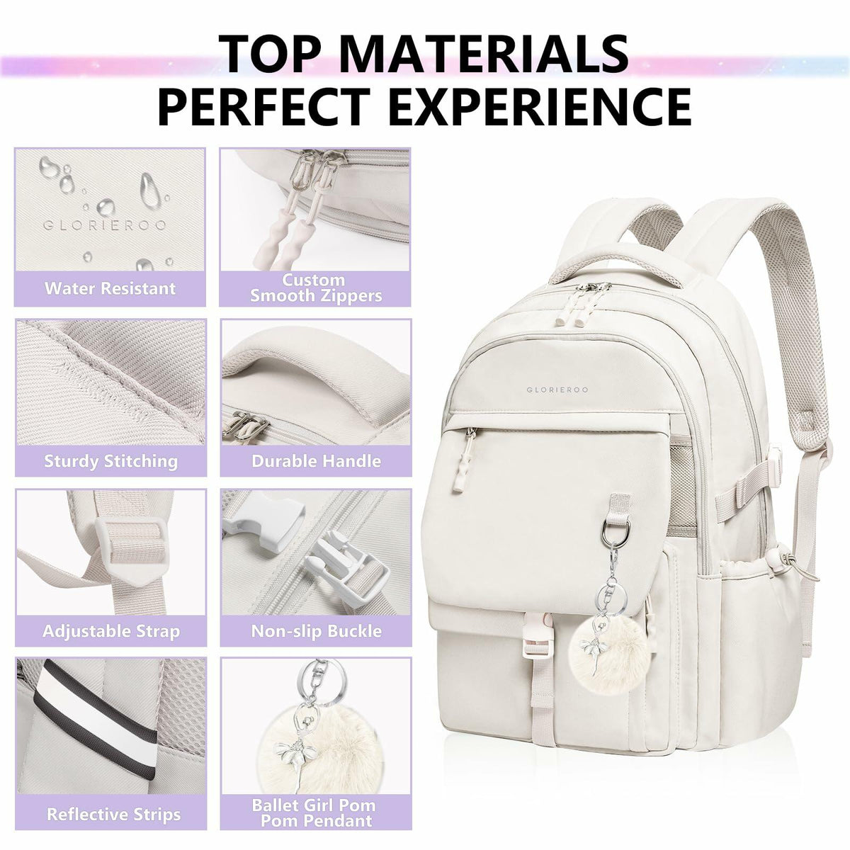 GLORIEROO Kids Backpack Girls 15.6" Laptop Compartment Beige White
