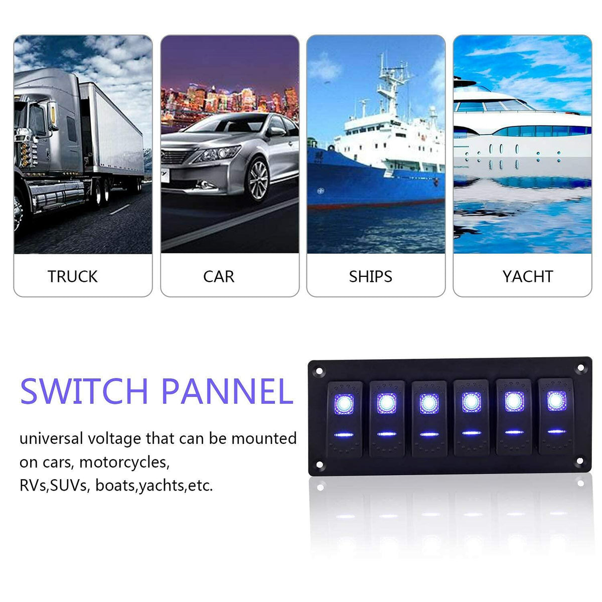 Garfour Marine 6 Gang 5 Pin Red LED Aluminum Rocker Switch Panel