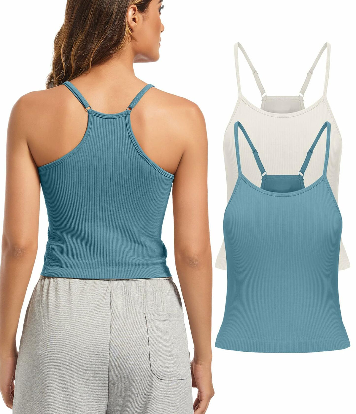 OVESPORT 2 Pack Women’s Workout Tank Tops Built-In Bra Blue/White S