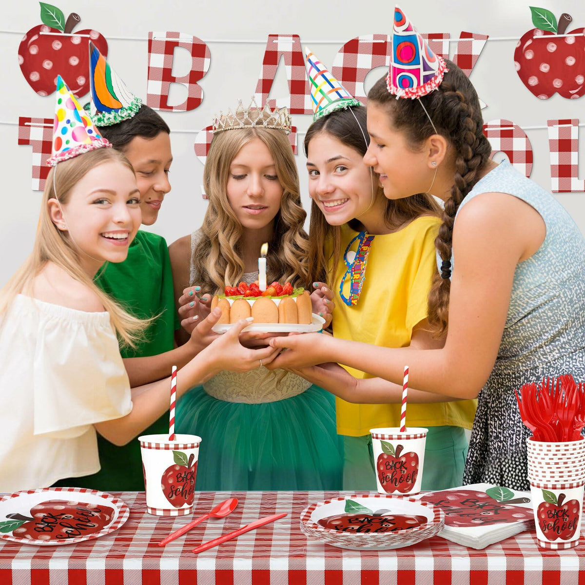 Zhehao 195 Pc Back to School Party Tableware Set Apple Red White Green