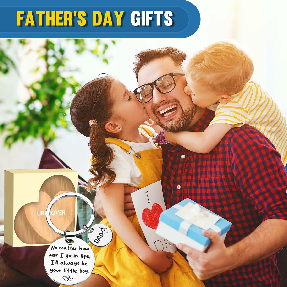 URECOVER Silver Stainless Steel Engraved Keychain for Dad from Son Hearts