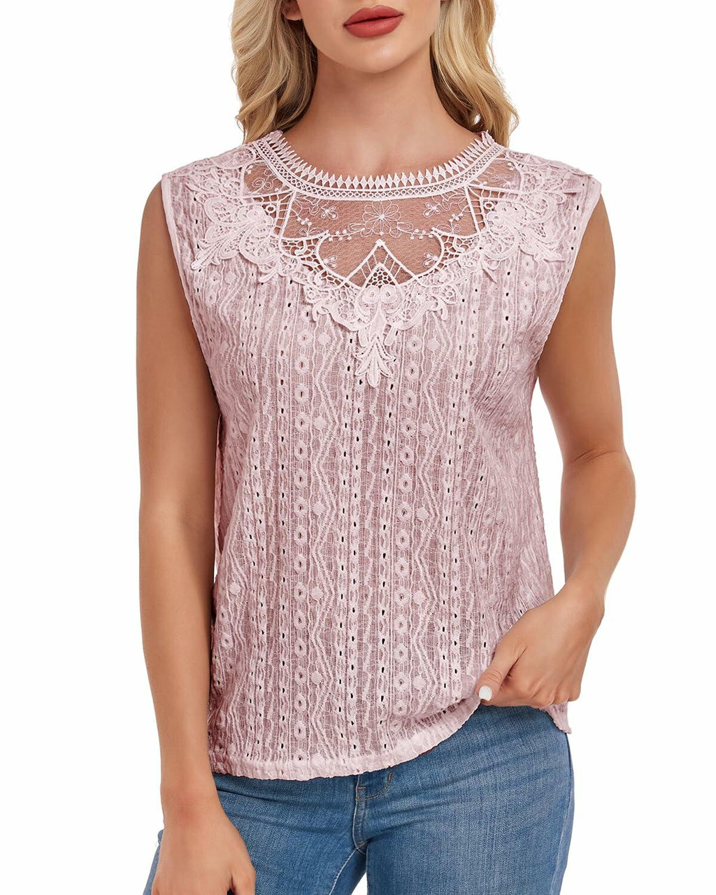 AGWISH Women’s Sleeveless Ruffle Lace Blouse Semi Sheer Floral Light Pink XL