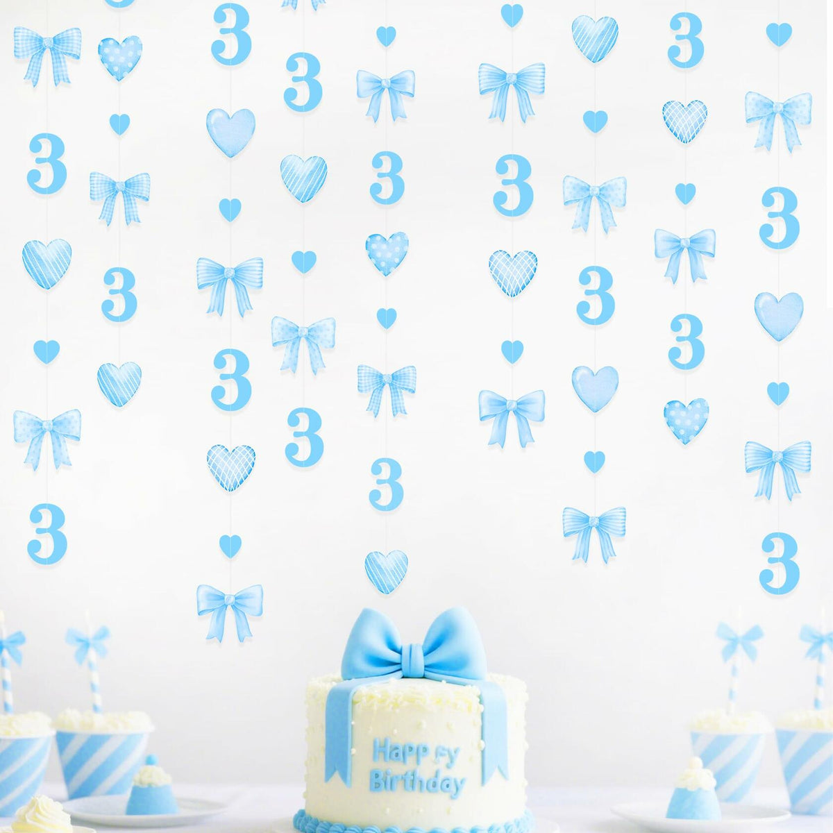 40Ft Blue 3rd Birthday Bow Garland Banner Heart Streamer Party Decor