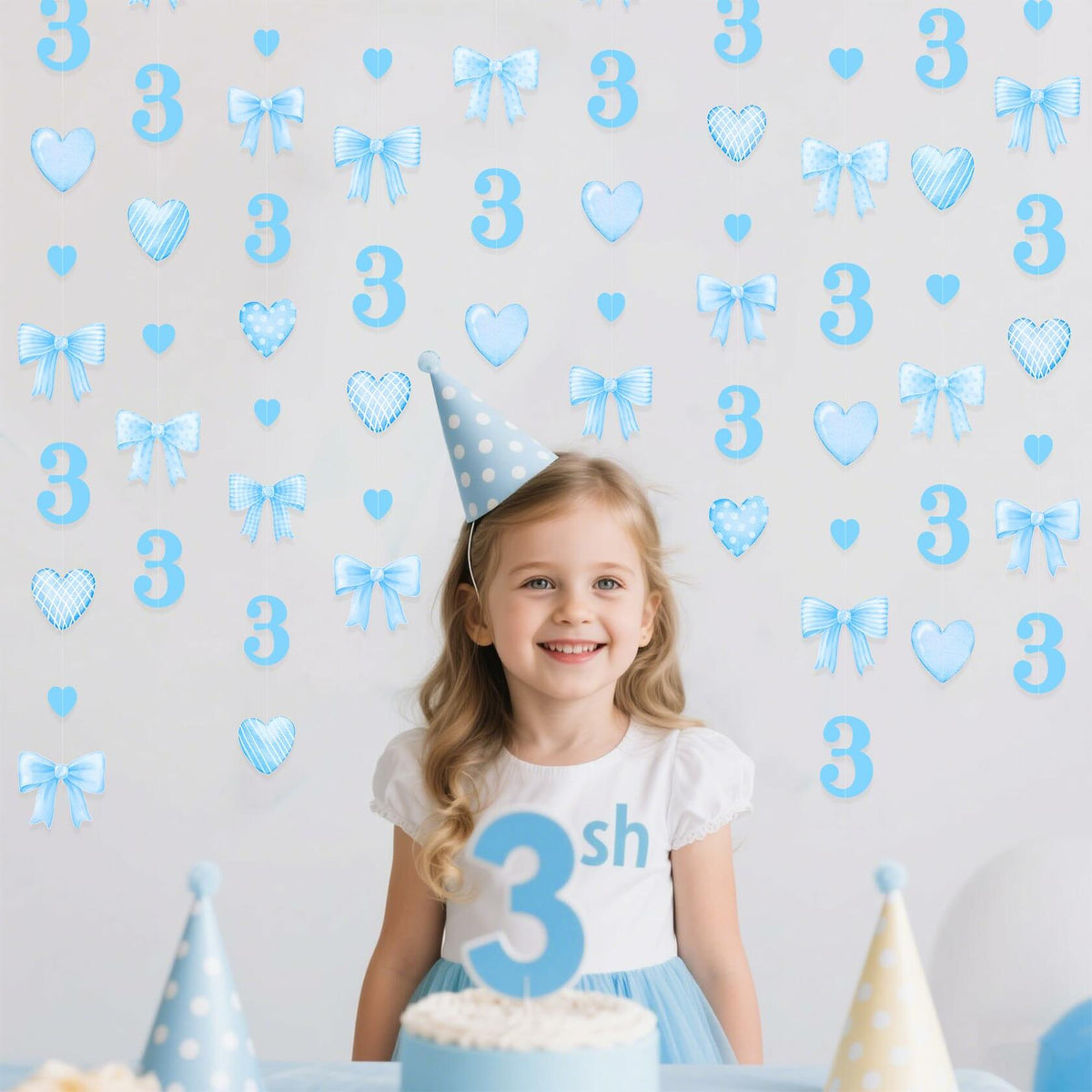 40Ft Blue 3rd Birthday Bow Garland Banner Heart Streamer Party Decor