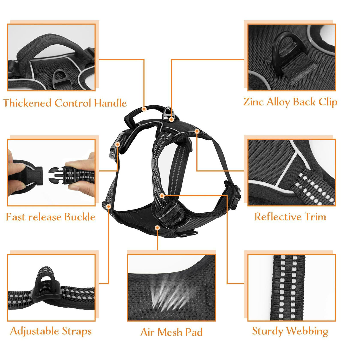 No Pull Dog Harness Adjustable Reflective Front Clip Padded Black Size L