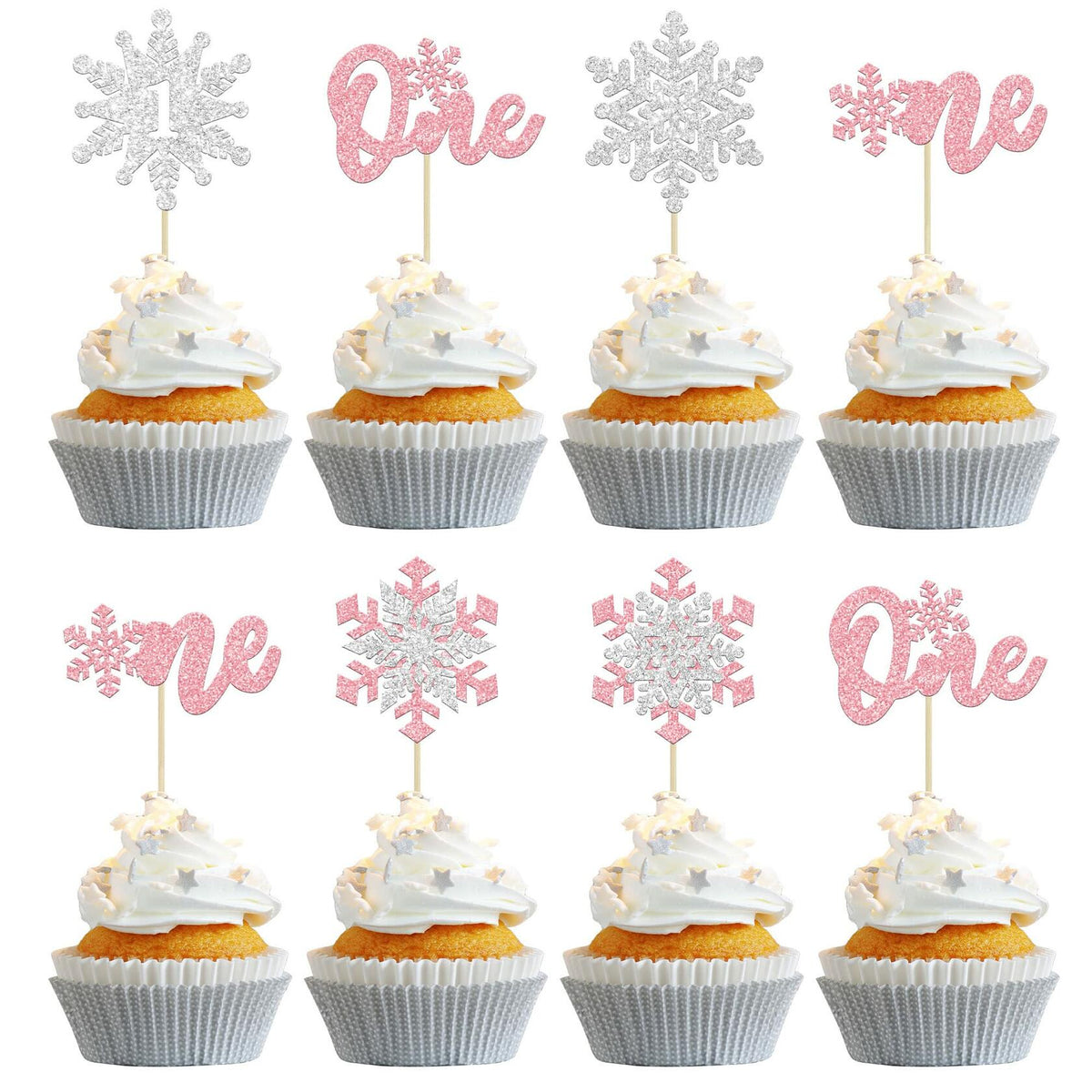 Gyufise 24Pcs Double Layer Pink Glitter Snowflake Cupcake Toppers Paper
