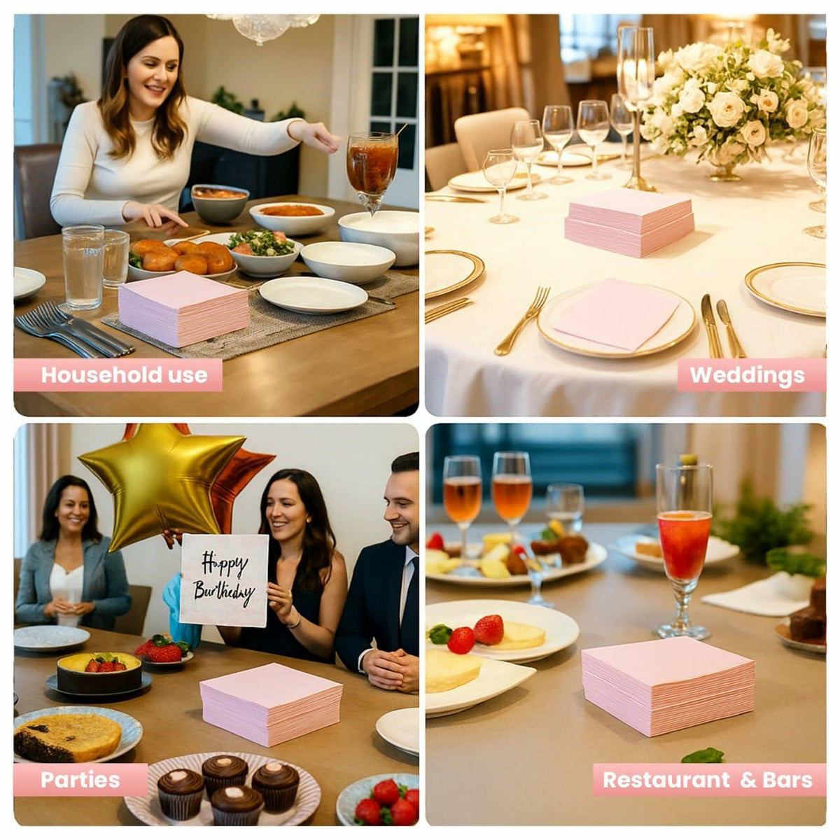 MalMall 100-Pack Airlaid Pink Cocktail Napkins 1-Ply 4.9x4.9in Soft Absorbent