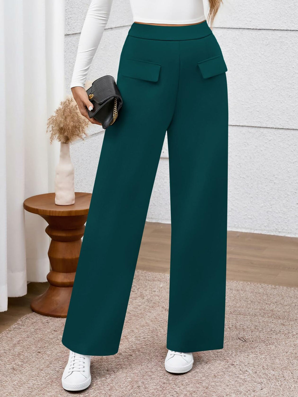 BTFBM Women's High Waisted Stretchy Palazzo Pants Dark Blue Size L
